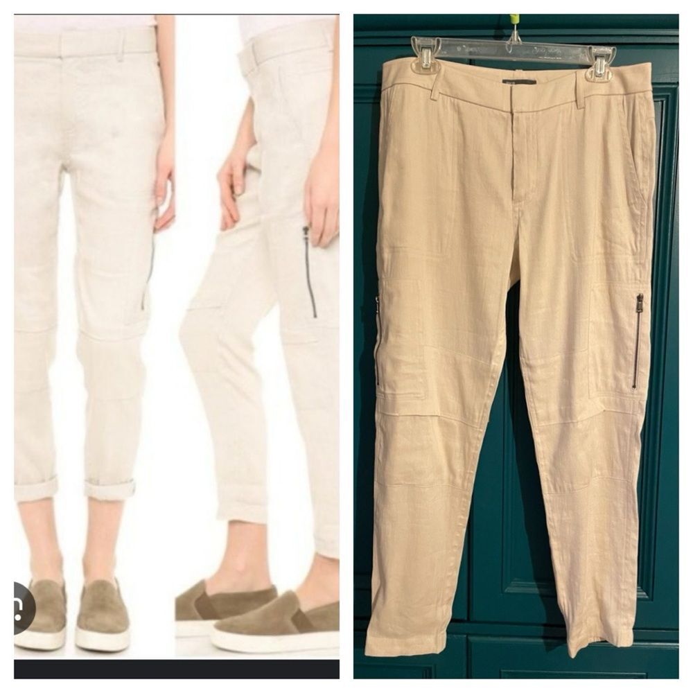 Vince Linen Blend Cargo Pants Sz 8 | Slim Fit Lightweight Trousers Neutral Chic